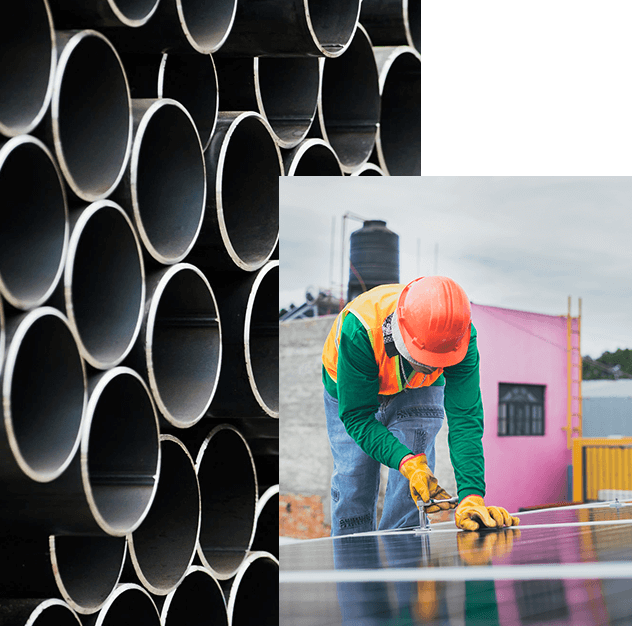 A worker cutting metal pipe with a large amount of pipes in the background.